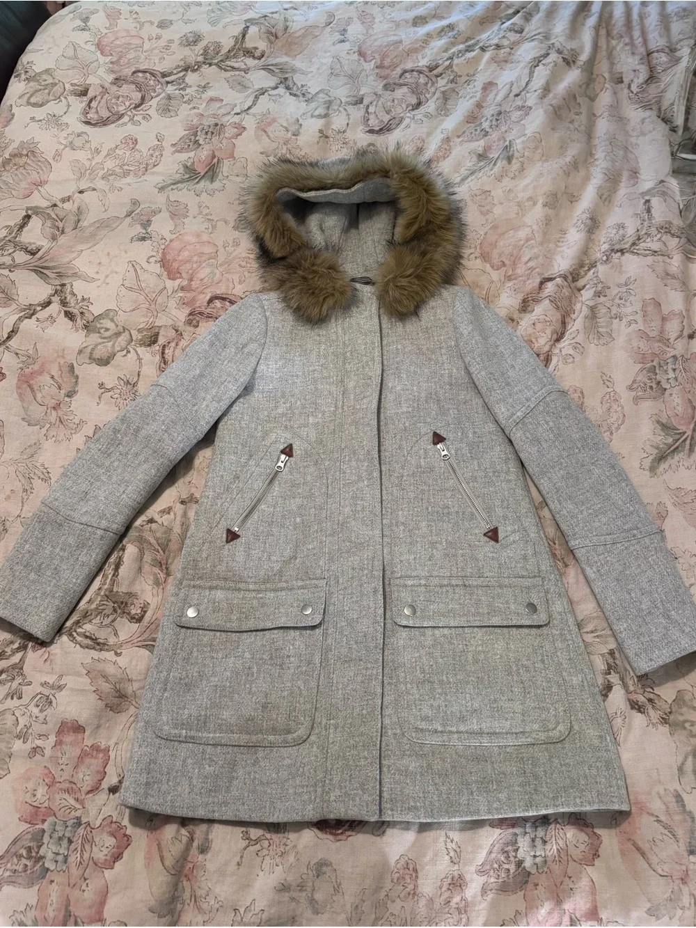 J. Crew Light Gray Wool Trench Coat with Faux Fur Hood Trim - Picture 3 of 5